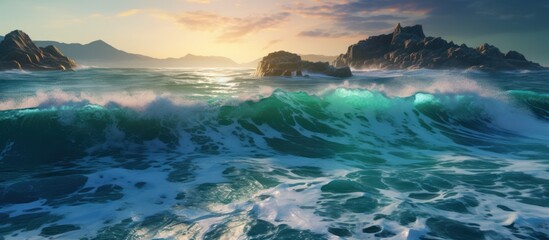 dramatic ocean waves crashing against rocky cliffs, dramatic lighting and atmospheric haze, mist and fog surrounding the scene, vibrant colors of sunset reflecting off the water, intricate details of