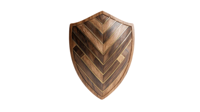 Wooden shield with chevron pattern, gold trim, against black background