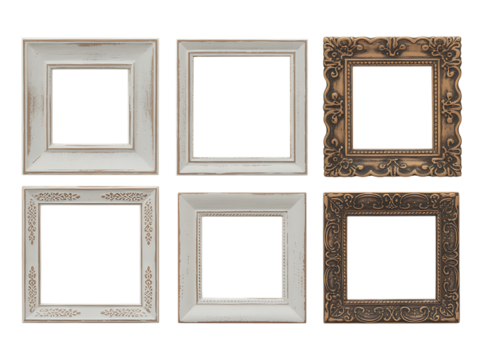 Set of six vintage picture frames, perfect for displaying memories isolated on transparent background