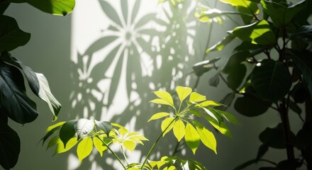 Green leaves and shadows of plants on a white wall in sunlight