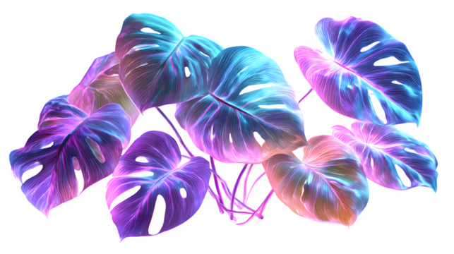 Neon Monstera Leaves, isolated on transparent background