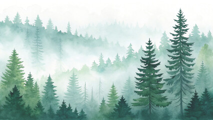 watercolor painting of a misty pine forest, soft layers of evergreen trees fading into the fog Vector background 
