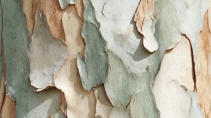Flat lay of eucalyptus tree trunk with peeling layers of smooth bark, mixed beige and pale green tones, seamless repeating patter