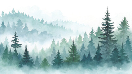 Fototapeta premium watercolor painting of a misty pine forest, soft layers of evergreen trees fading into the fog Vector background 
