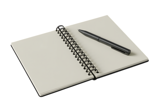 Open notebook with blank pages and a pen for mockup isolated on transparent background