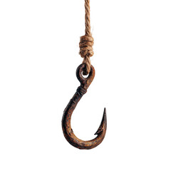Rusty metal hook hangs from knotted brown rope against black backdrop