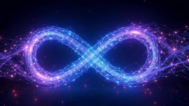 Dynamic infinity symbol animation glowing with neon light for technology, science, and innovation concepts, creating a futuristic and modern backdrop