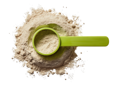 Heap of powder, green scoop on black