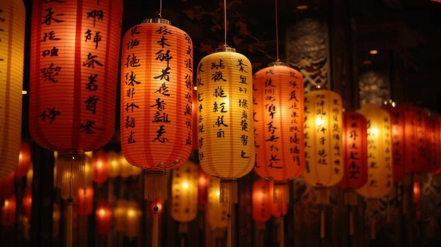 Beautiful colorful lanterns with traditional Chinese characters, perfect for festive celebrations and cultural decor