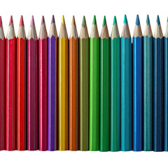 Row of brightly colored wooden pencils arranged in a rainbow pattern