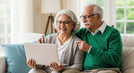 Happy Senior Indian Couple Enjoying Laptop Together at Home