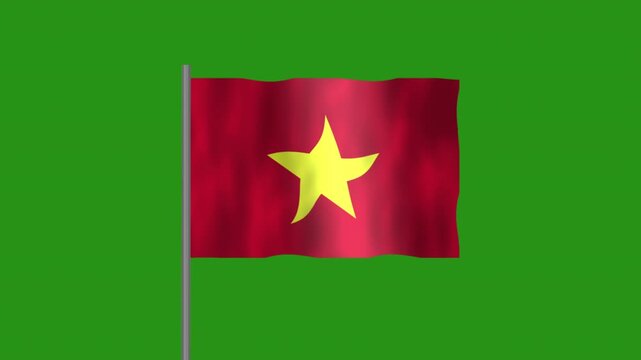 Flag of Vietnam, Pole flag of Vietnam on Green screen chroma key, Vietnam 3D Animation flag waving in the wind isolated on Green Background. 
