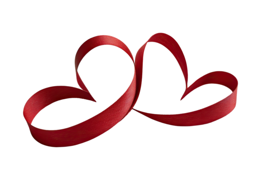 Two red satin ribbons forming intertwined heart shapes