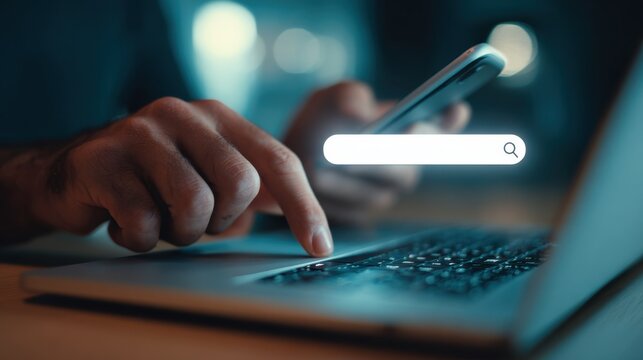 Close up on hands using laptop and smartphone with search bar overlay Internet - Powered by Adobe