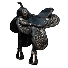 Ornate western-style saddle with silver detailing on a black background