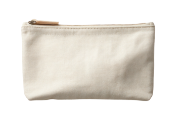 Cream canvas pouch with zipper closure, slightly wrinkled fabric