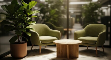 Cozy waiting area with green armchairs and a plant in a modern office