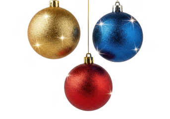 Sparkling gold, blue, red christmas ornaments festive holiday isolated on transparent background