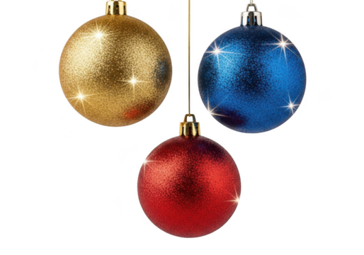 Sparkling gold, blue, red christmas ornaments festive holiday isolated on transparent background