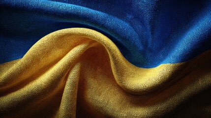 A textured Ukrainian flag with flowing blue and yellow fabric showing deep folds and creases