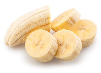 Peeled banana and banana slices isolated on white background. File contains clipping paths.