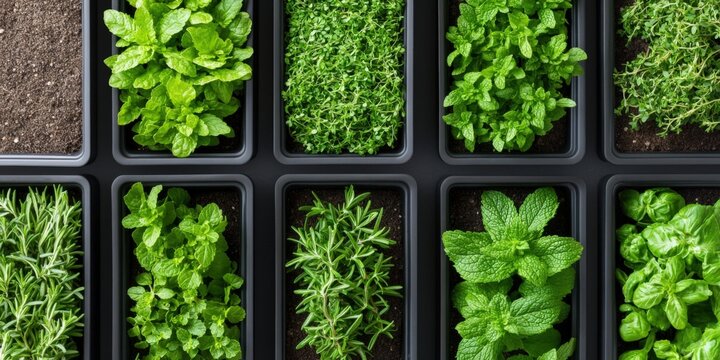 Diverse Selection of Fresh Culinary Herbs in Garden Planters for Cooking and Flavor Enhancement