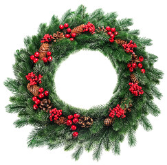 Christmas wreath made of fir branches with cones, red ilex berries isolated on white background. Traditional decoration for Christmas holiday and New Year. Top view. Cut out PNG file. © volff