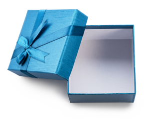 Opened blue gift box and lid with satin bow near it isolated on white background. File contains clipping path.