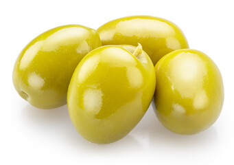 Three green olives isolated on white background. File contains clipping paths.