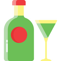 Green Glass Bottle with Red Circle and Yellow Top Next to a Yellow Stem Cocktail Glass Filled with Green Liquid
