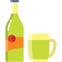 Green Glass Bottle With Orange Label and Red Circle Next To Frosted Green Glass Mug With Yellow Top Against White Background Flat Design Illustration