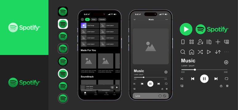 Spotify music app mockup template. Realistic smartphone screen displaying the Spotify interface