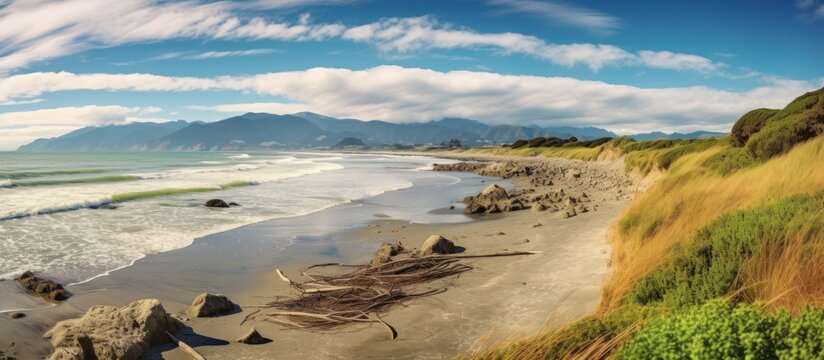 A scenic coastal landscape, rolling hills, rocky shore, crashing waves, blue sky, wispy clouds, serene atmosphere, panoramic view, natural beauty, dramatic lighting, serene, peaceful, tranquil, idylli