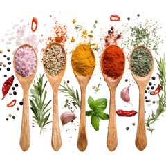 Spoons with spices & herbs, burst of flavor