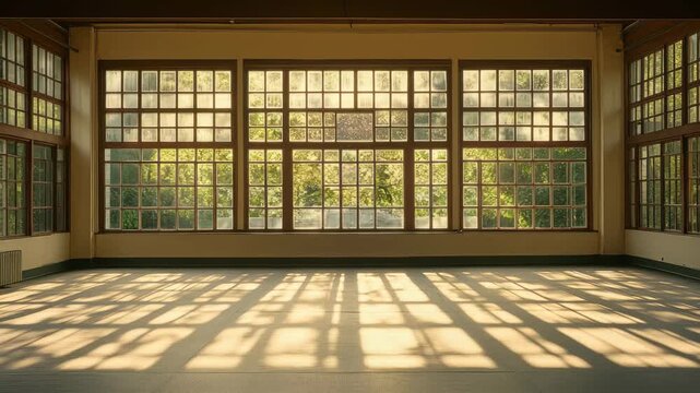 Sunlight fills a spacious training area with large windows. Shadows create patterns on the floor, enhancing the tranquil atmosphere in the early morning light.