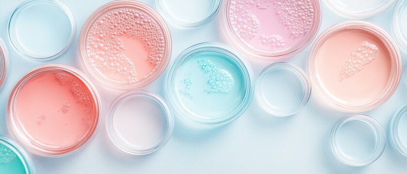 Petri dishes with colorful cultures, scientific research, growth and development, laboratory observation, biological analysis.