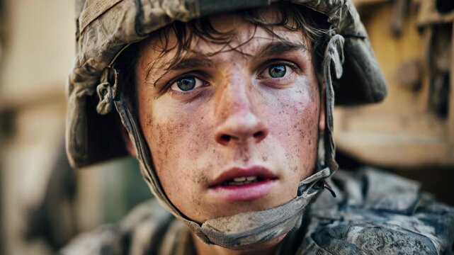 Battle‑weary face flecked with dust, eyes alert beside armored vehicle&mdash;gritty human moment suited to PSAs, investigative reports and serious storytelling where resilience, consequence and courage must