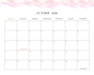Minimalist 2026 Desk Calendar Printable – October

