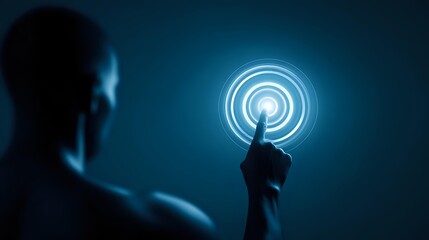 Man touching a glowing blue target futuristic technology concept symbolizing innovation and digital interface
