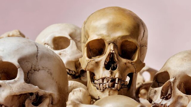 Crowd of skulls presses forward in shallow depth, sockets and sutures crisply defined—evocative anatomy backdrop for science visuals, true‑crime titles and thematic editorials addressing memory, time 