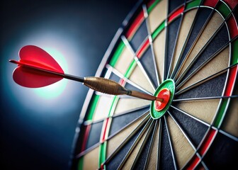 Perfect hit on the dartboard with a red dart hitting the bullseye