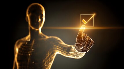 Futuristic human figure touching a checkmark icon glowing golden light effect representing digital approval and technology solutions