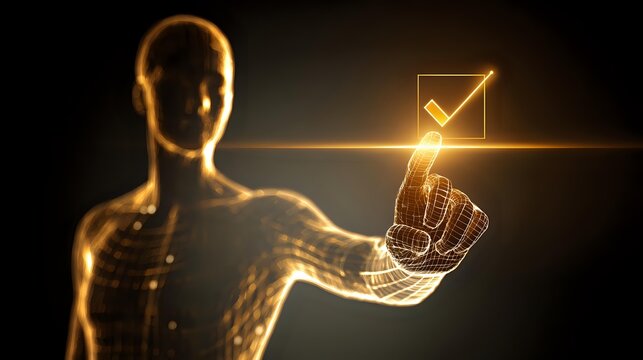 Futuristic human figure touching a checkmark icon glowing golden light effect representing digital approval and technology solutions
