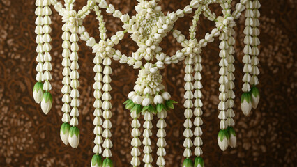 Traditional Javanese jasmine arrangement (roncean melati) with delicate white petals and batik