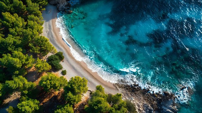 Aerial view of a secluded beach with turquoise water lush green trees and rocky coastline perfect for travel and vacation concepts - Powered by Adobe