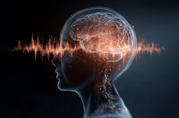 Neural network brainwave human head silhouette AI technology science data glow abstract