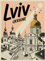 Stylized black and white vintage travel illustration of Lviv, Ukraine with baroque churches, cobblestone streets, and gold domes, elegant cityscape art with timeless atmosphere