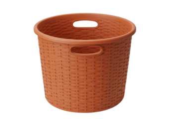 Isolated orange storage basket for laundry or toys, wicker textured, round handle basket