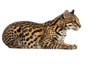 Isolated Ocelot feline lying down, beautiful wild cat predator with leopard print coat