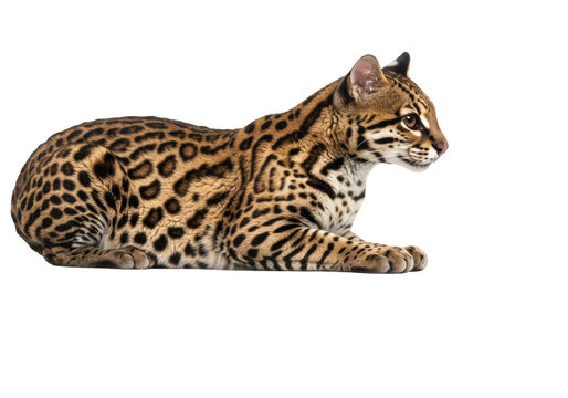 Isolated Ocelot feline lying down, beautiful wild cat predator with leopard print coat